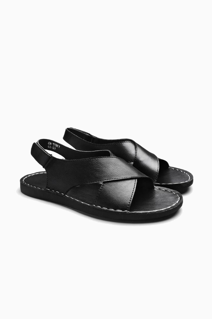 Herresandaler i Sort Læder - Krydsrem Slip-On til Sommer - Sort - Sko
