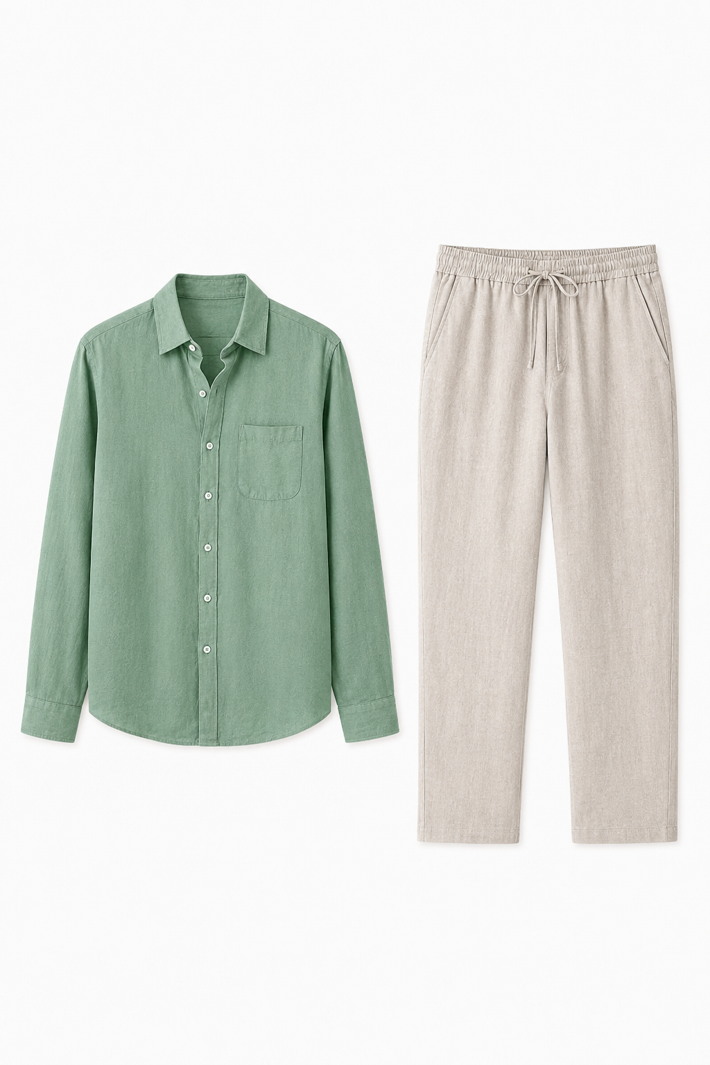 Damen Sommer Leinen-Set Langarm Grün Beige - Leicht & Atmungsaktiv