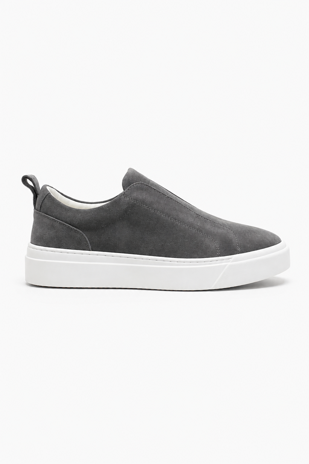 Herren-Slip-On-Sneaker aus dunkelgrauem Wildleder mit weißer Gummisohle