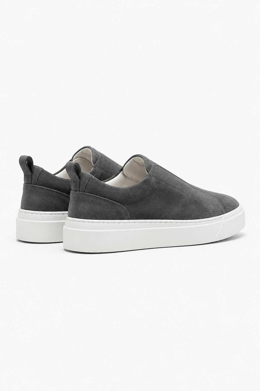 Herren-Slip-On-Sneaker aus dunkelgrauem Wildleder mit weißer Gummisohle