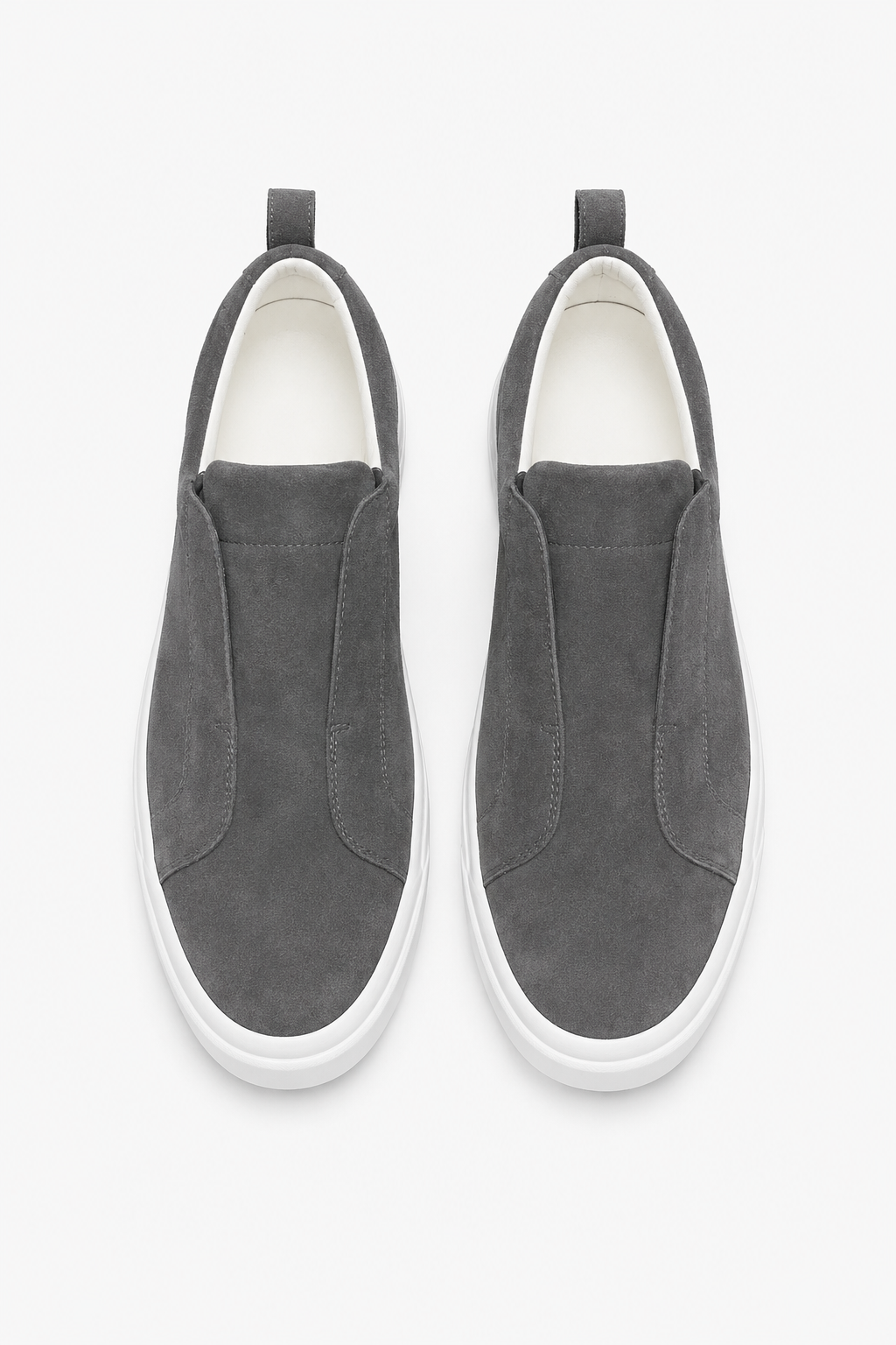 Herren-Slip-On-Sneaker aus dunkelgrauem Wildleder mit weißer Gummisohle
