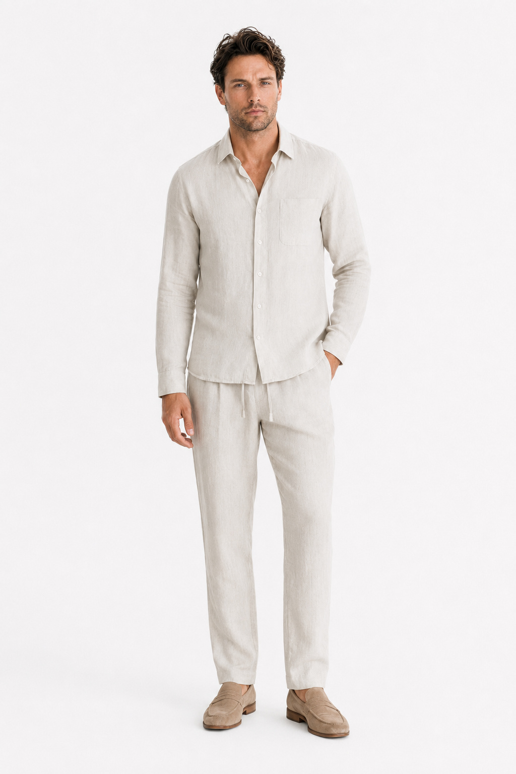 Leinen-Set Damen - Langarmshirt & Hose Beige, atmungsaktiv