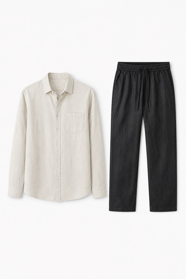 Leinen-Set für Damen - Langarm, Beige-Schwarz, luftig-leicht