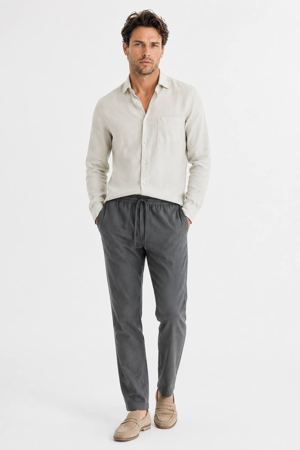 Damen Leinen-Set Langarm - Luftig-leicht für den Sommer Beige/Grau