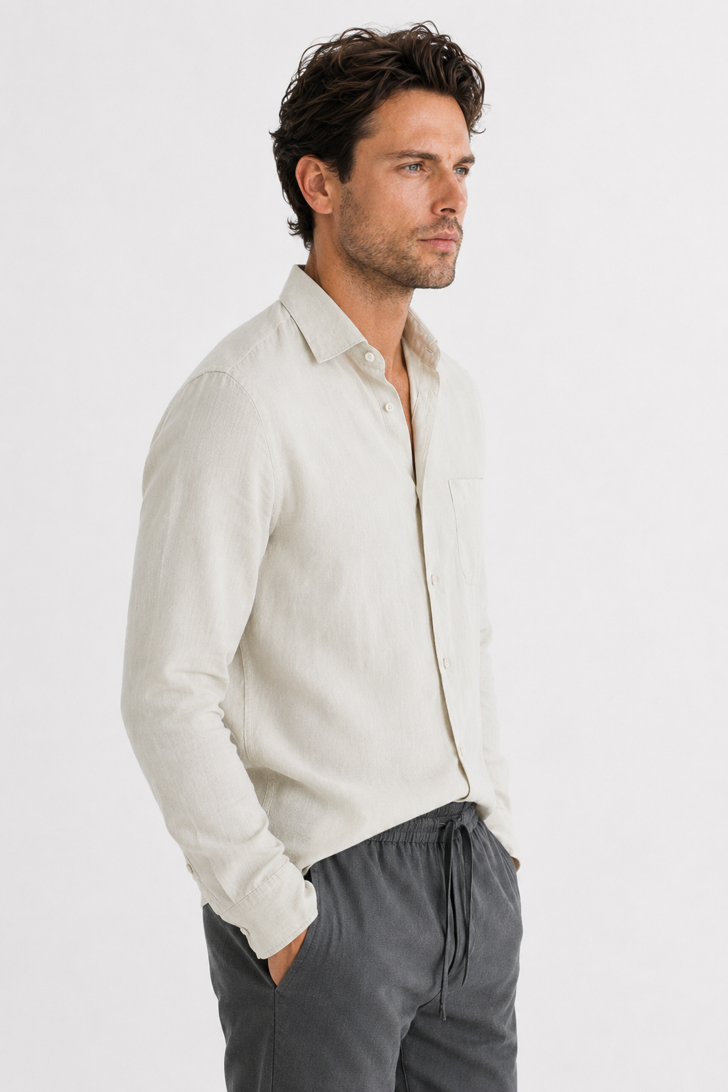Damen Leinen-Set Langarm - Luftig-leicht für den Sommer Beige/Grau