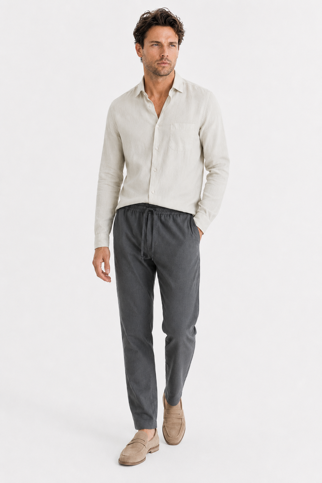 Damen Leinen-Set Langarm - Luftig-leicht für den Sommer Beige/Grau