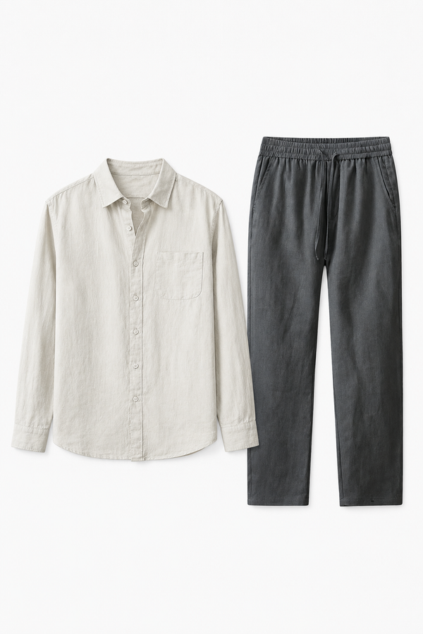 Damen Leinen-Set Langarm - Luftig-leicht für den Sommer Beige/Grau
