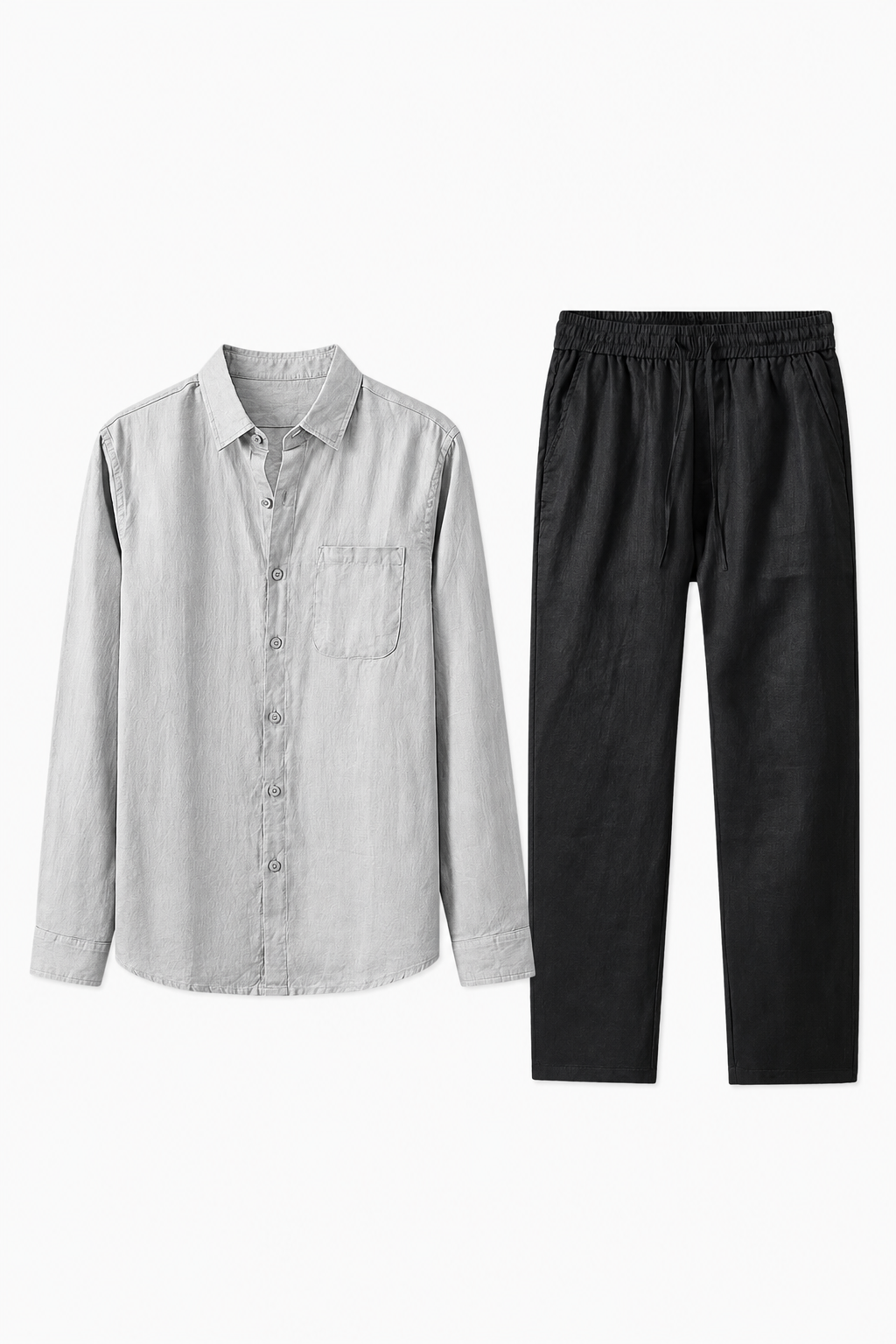 Damen Leinen Sommer Set - Langarmshirt & Hose Grau/Schwarz