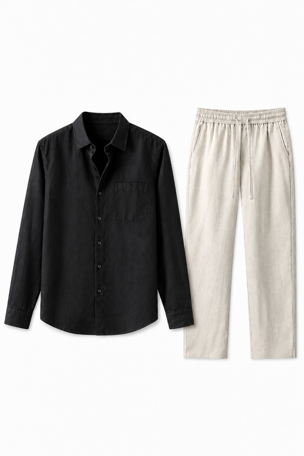 Damen Leinen-Set Langarm - Schwarz-Beige, leicht & atmungsaktiv