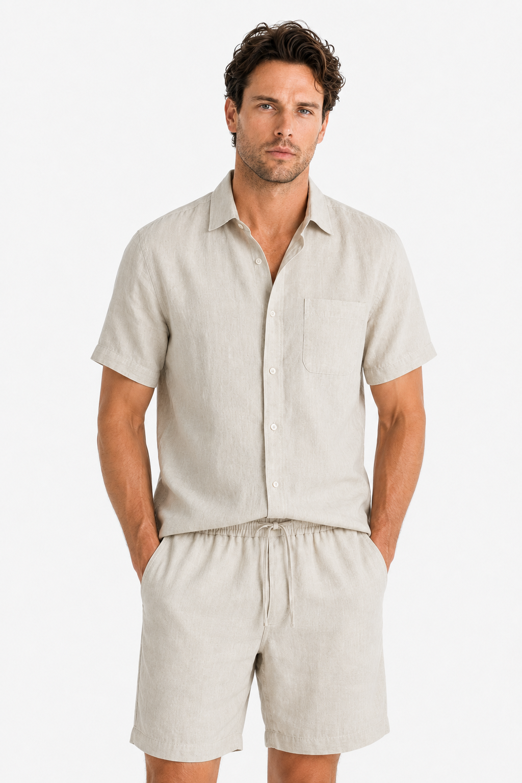 Leinen-Sommerset Beige Kurzarm - Atmungsaktiver Zweiteiler