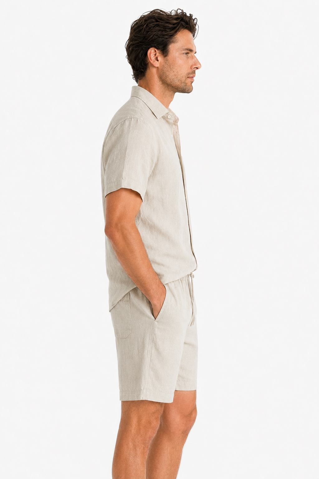 Leinen-Sommerset Beige Kurzarm - Atmungsaktiver Zweiteiler