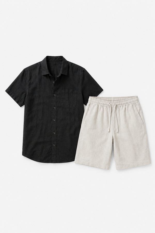 Leinen-Set Damen Kurzarm Schwarz-Beige - Luftig für den Sommer