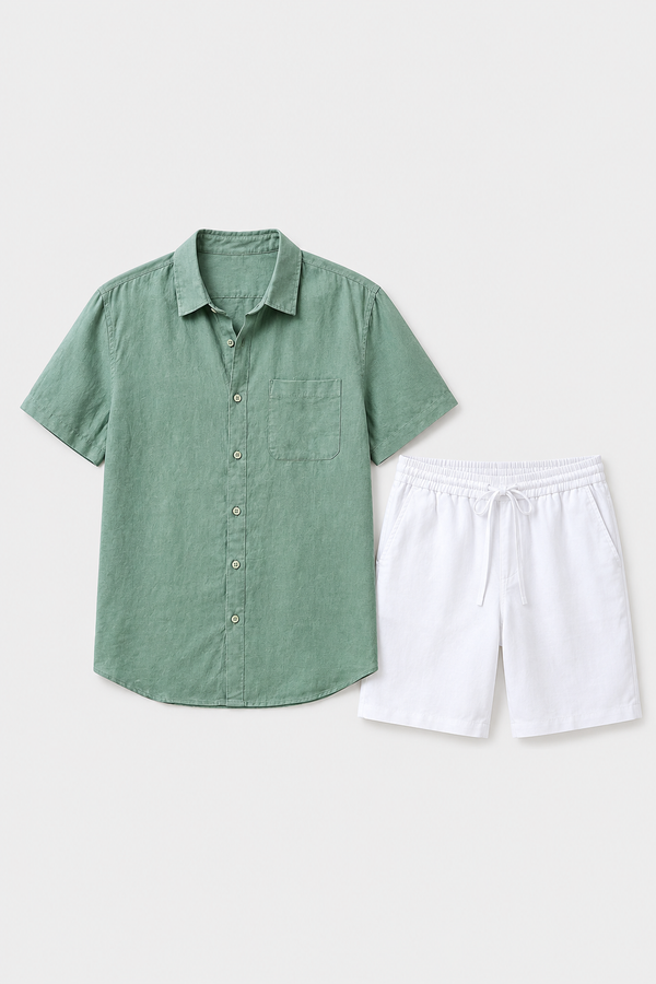 Leinen-Set für Damen Kurzarm Grün-Weiß - Sommerlich & Bequem