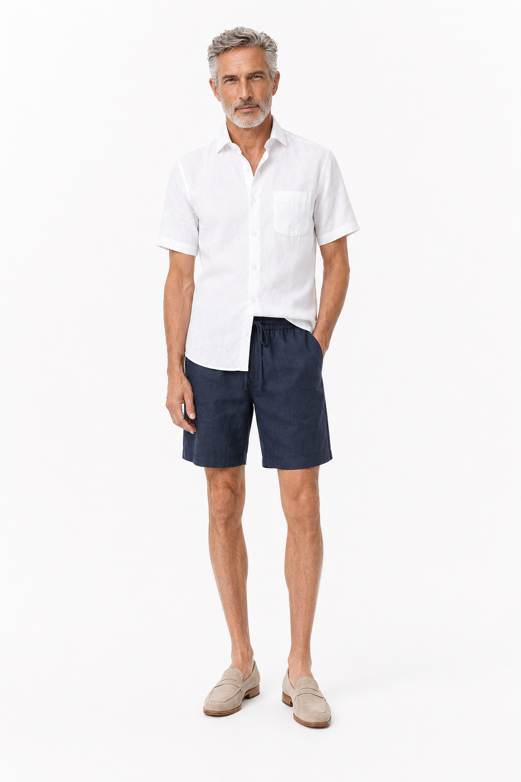 Damen Leinen-Set kurzärmlig - Sommer-Outfit Weiß-Navy