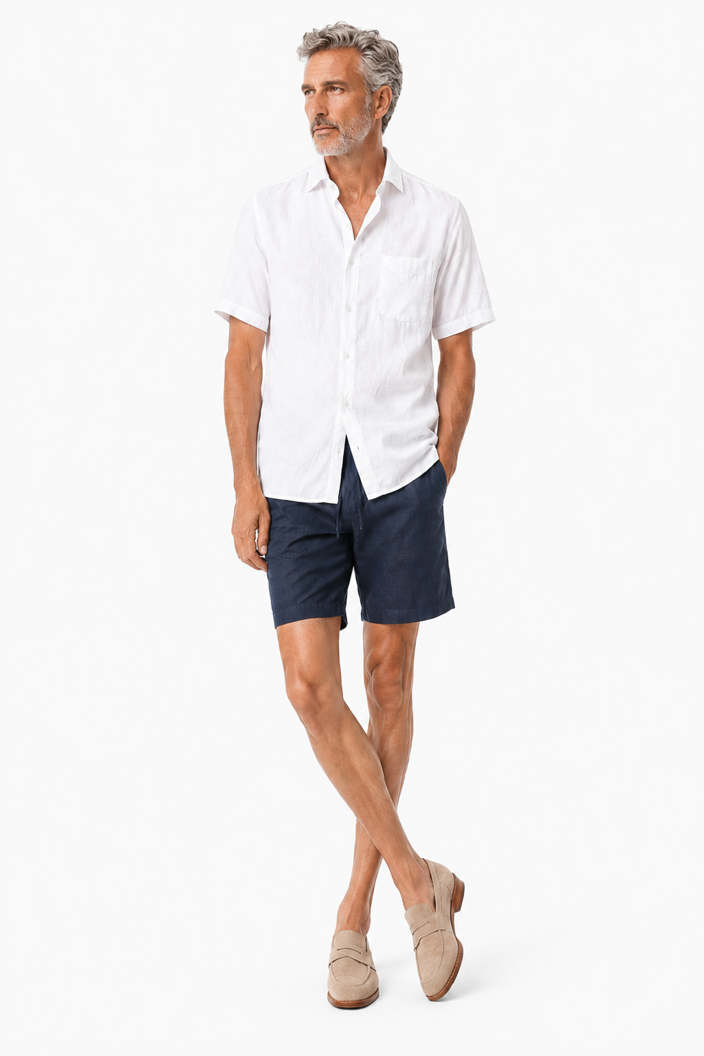 Damen Leinen-Set kurzärmlig - Sommer-Outfit Weiß-Navy