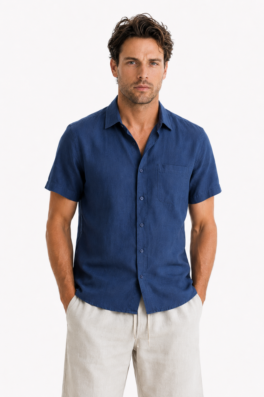 Damen Leinen-Set Kurzarm Marineblau/Beige - Leicht & Atmungsaktiv