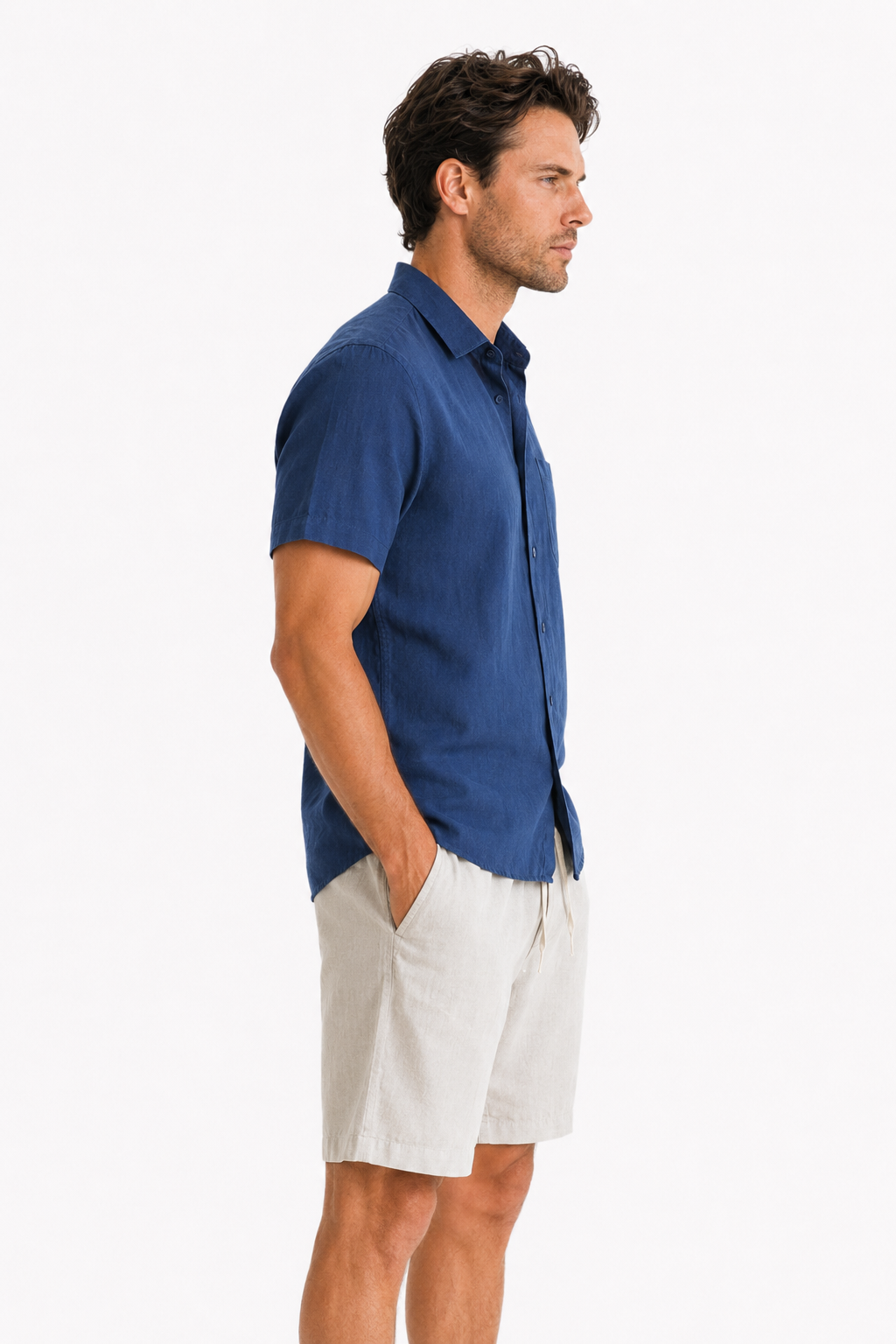 Damen Leinen-Set Kurzarm Marineblau/Beige - Leicht & Atmungsaktiv