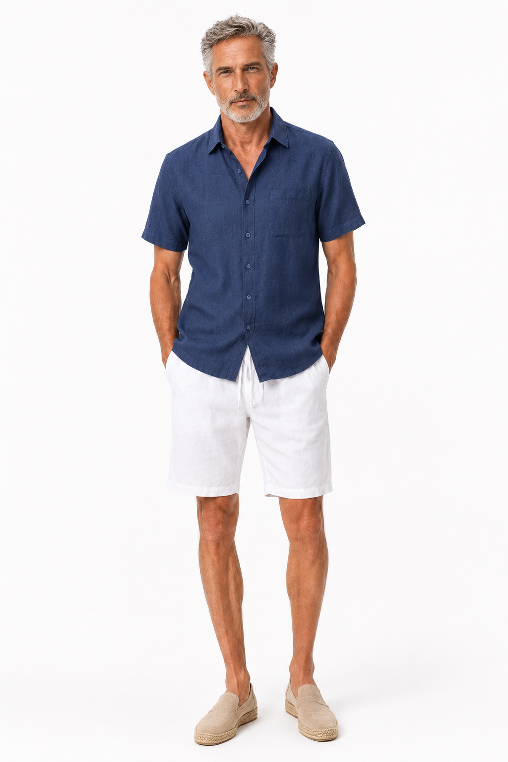 Damen Leinen Sommer Set Kurzarm Marineblau Weiß - Entspannt Elegant