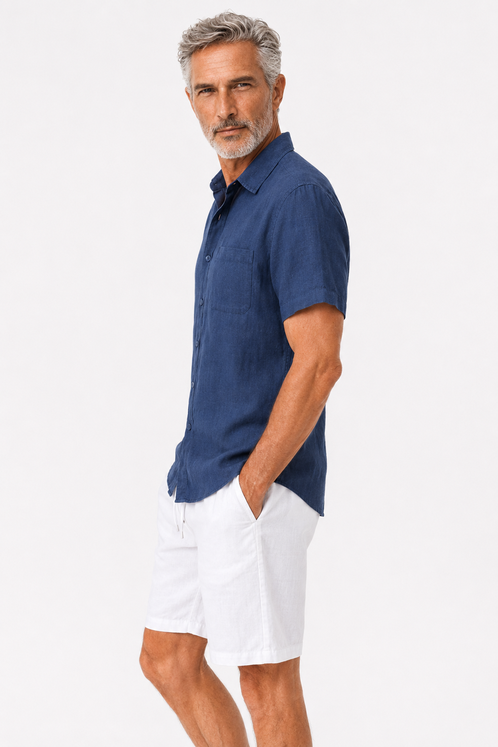 Damen Leinen Sommer Set Kurzarm Marineblau Weiß - Entspannt Elegant