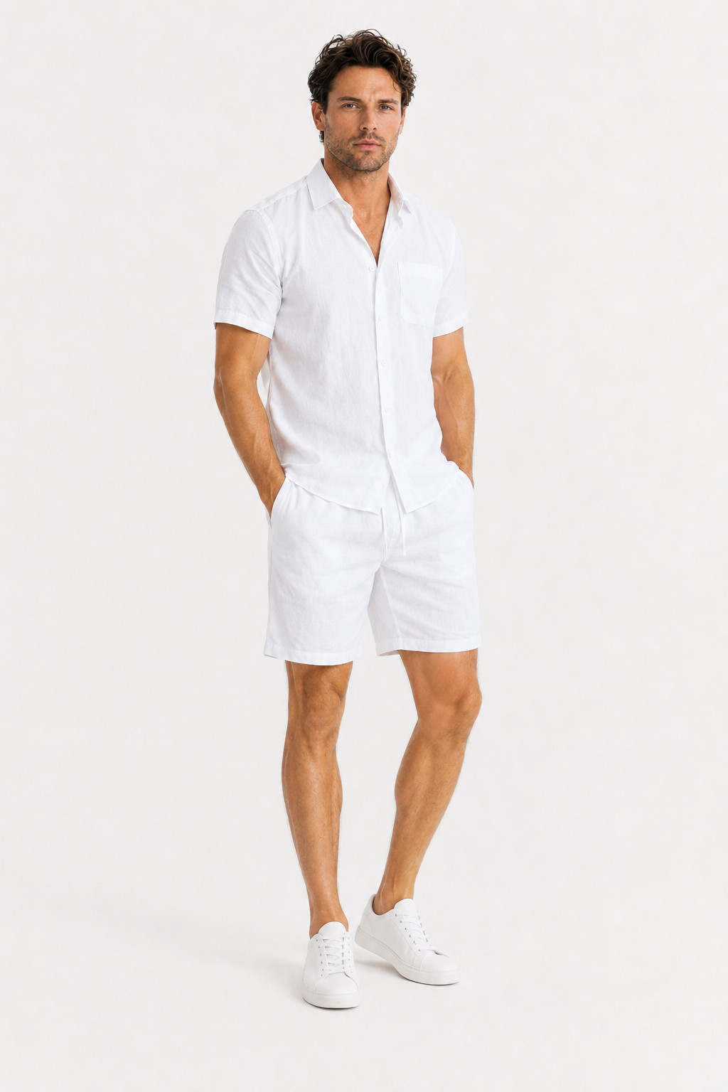 Damen Sommer Kurzarm-Set aus Leinen - Weiß & Atmungsaktiv