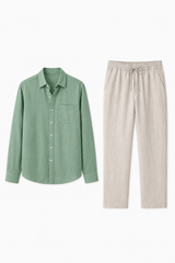 Damen Sommer Leinen-Set Langarm Grün Beige - Leicht & Atmungsaktiv