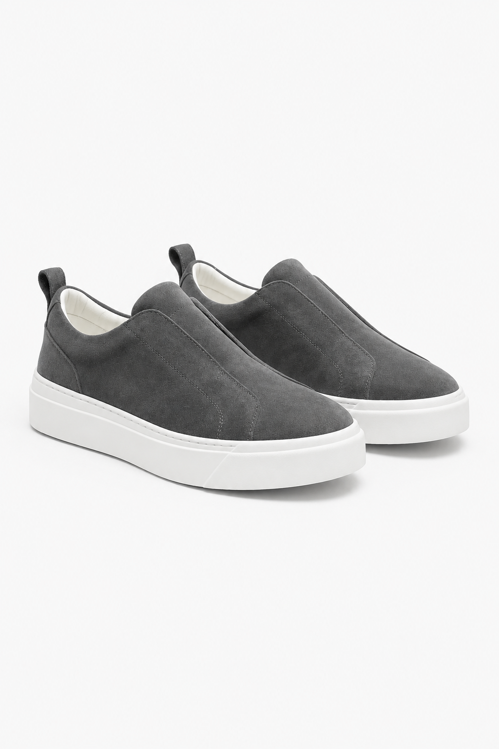 Herren-Slip-On-Sneaker aus dunkelgrauem Wildleder mit weißer Gummisohle