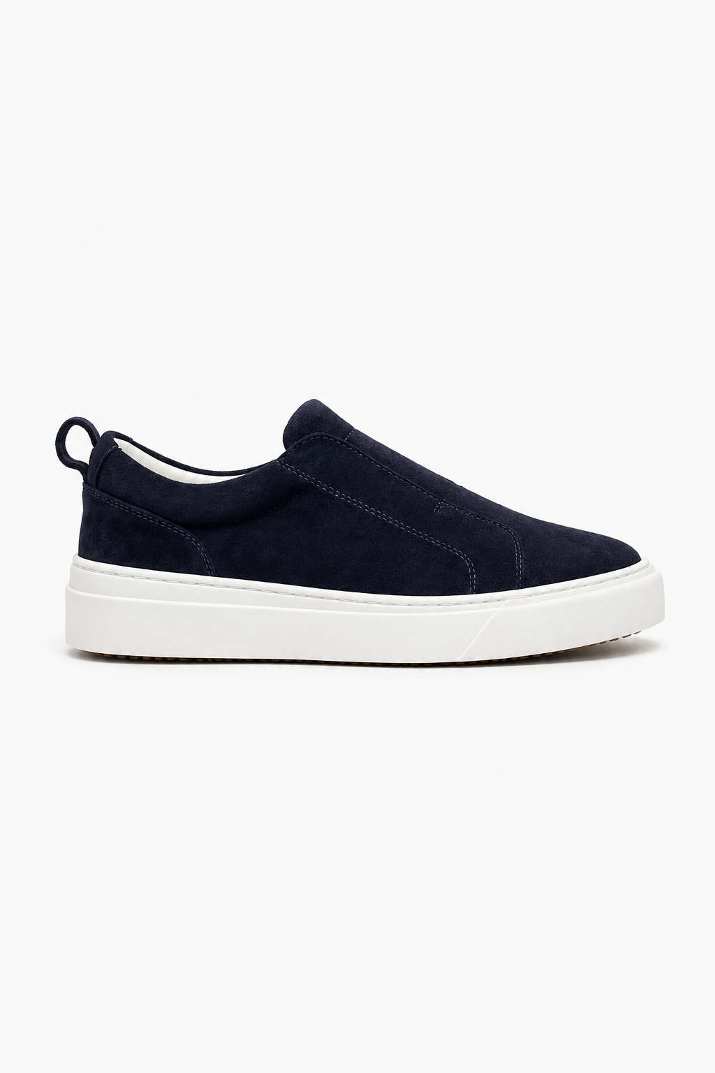 Herren-Slip-On-Sneaker aus marineblauem Wildleder mit weißer Gummisohle