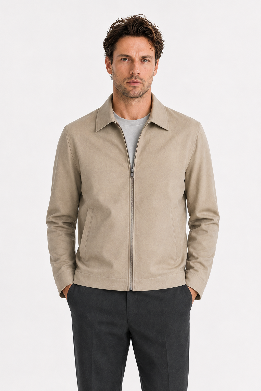 Herren-Übergangsjacke mit Reißverschluss, klassischem Kragen und lockerer Passform
