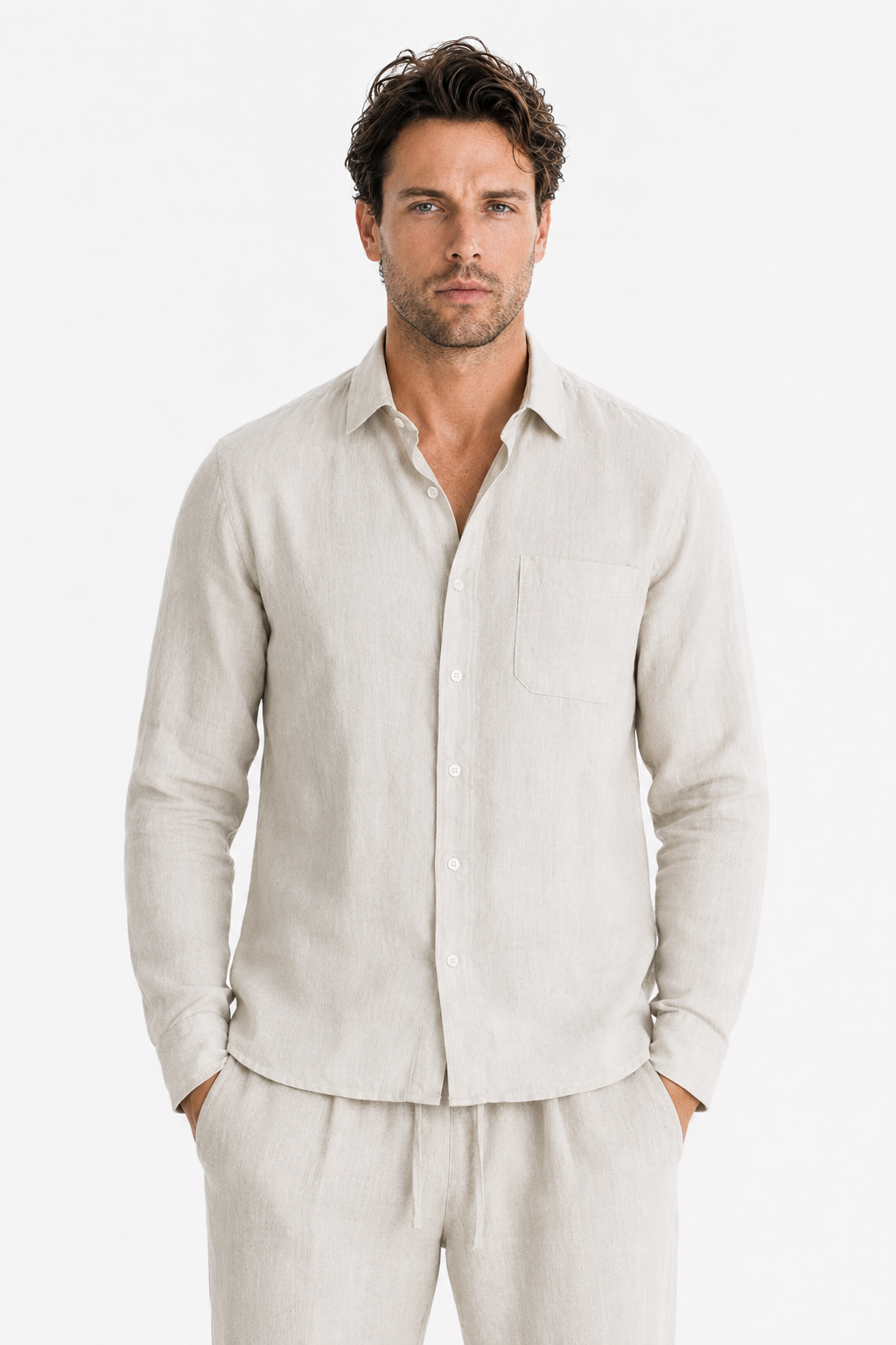 Leinen-Set Damen - Langarmshirt & Hose Beige, atmungsaktiv