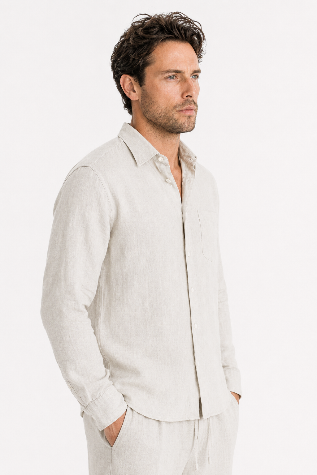 Leinen-Set Damen - Langarmshirt & Hose Beige, atmungsaktiv