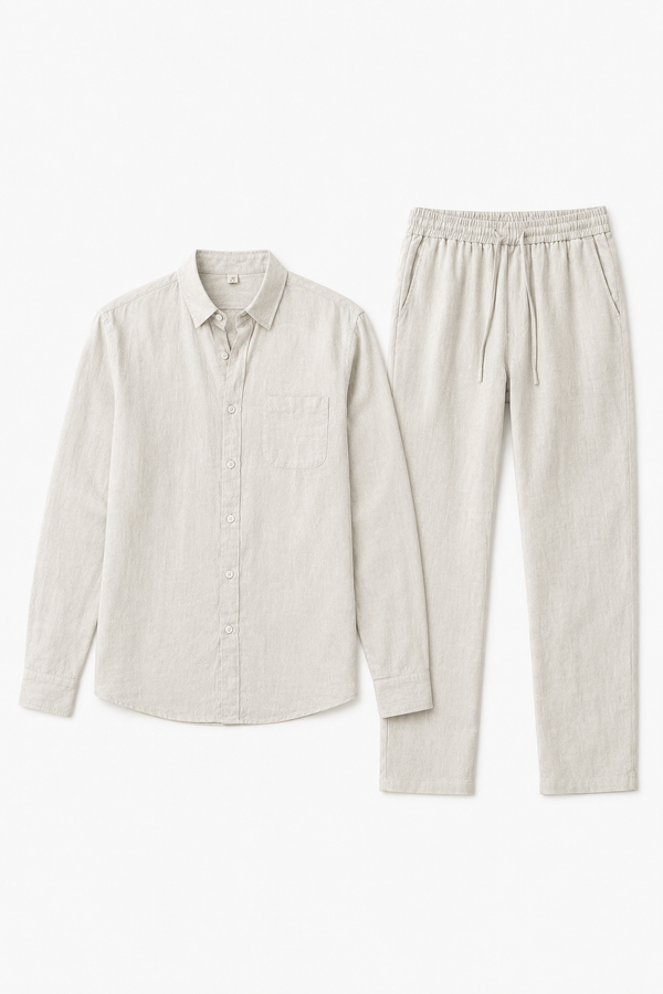 Leinen-Set Damen - Langarmshirt & Hose Beige, atmungsaktiv