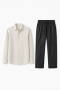 Leinen-Set für Damen - Langarm, Beige-Schwarz, luftig-leicht