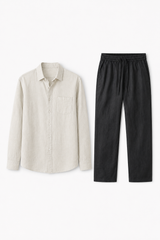 Leinen-Set für Damen - Langarm, Beige-Schwarz, luftig-leicht