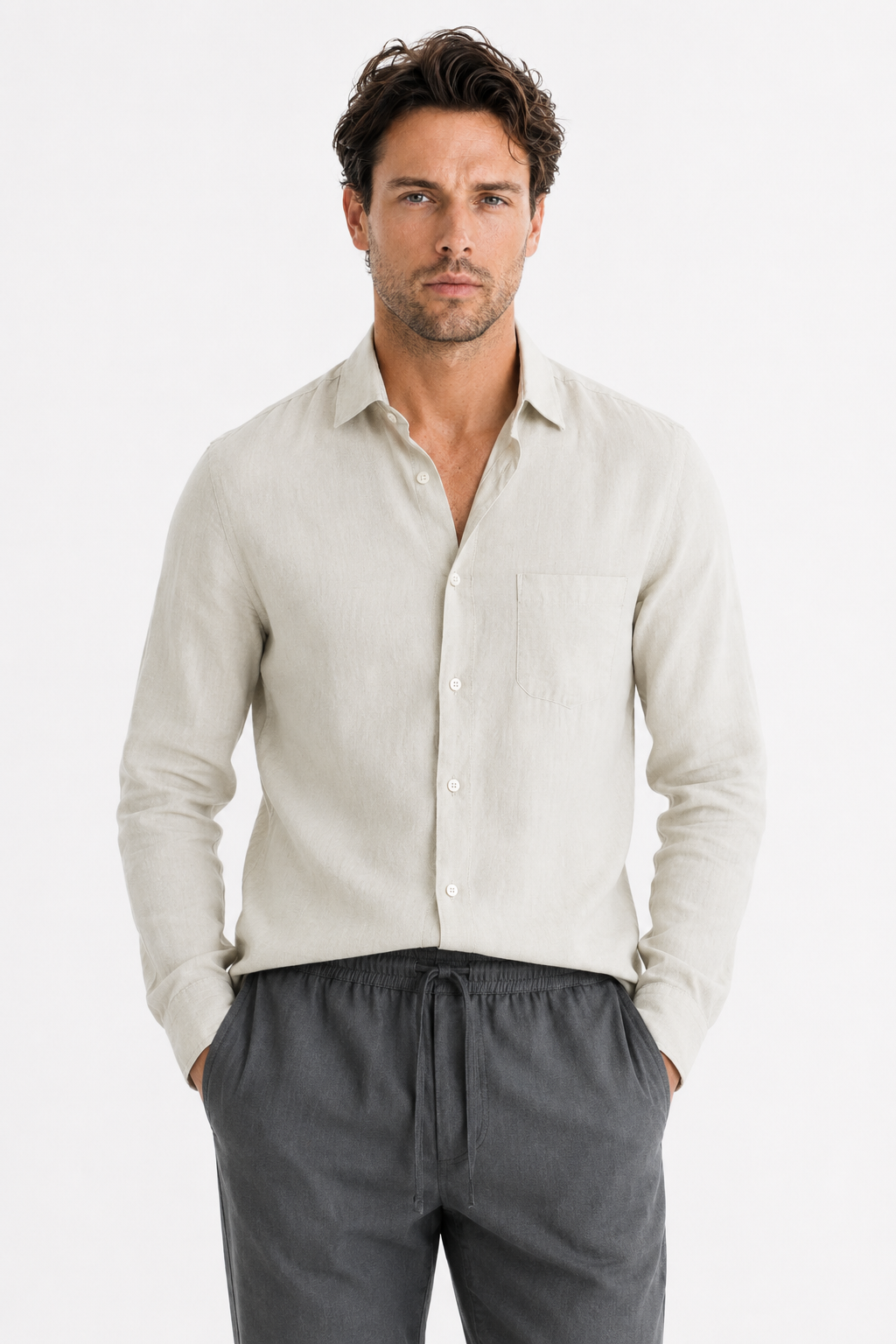 Damen Leinen-Set Langarm - Luftig-leicht für den Sommer Beige/Grau
