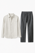Damen Leinen-Set Langarm - Luftig-leicht für den Sommer Beige/Grau