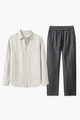 Damen Leinen-Set Langarm - Luftig-leicht für den Sommer Beige/Grau