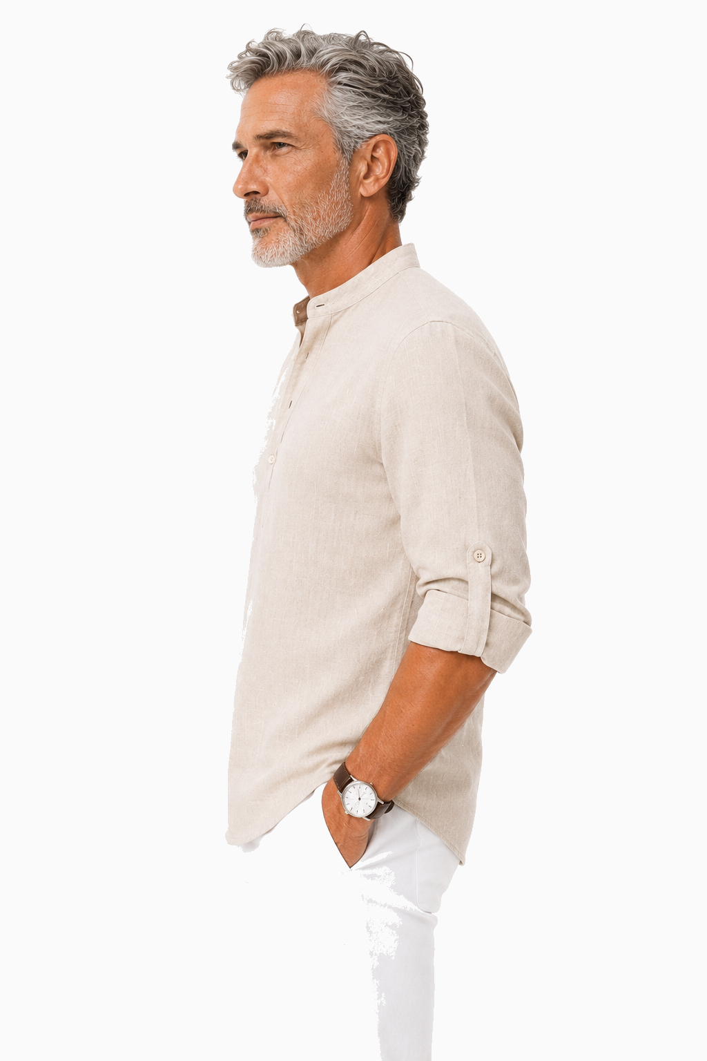 Herren Leinenhemd Khaki – Langarm Stehkragen Sommerhemd