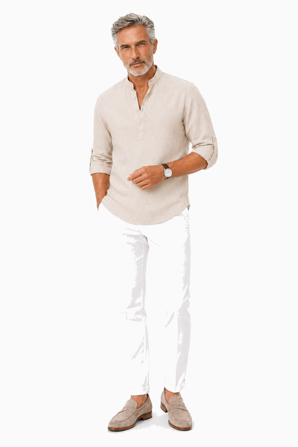 Herren Leinenhemd Khaki – Langarm Stehkragen Sommerhemd