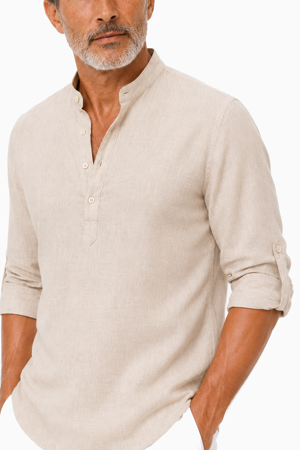 Herren Leinenhemd Khaki – Langarm Stehkragen Sommerhemd