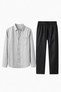 Damen Leinen Sommer Set - Langarmshirt & Hose Grau/Schwarz