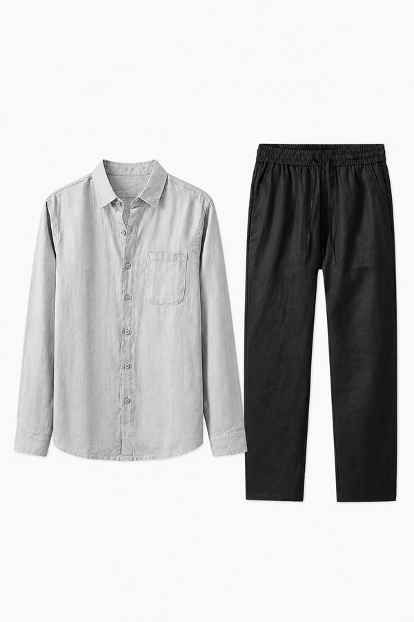 Damen Leinen Sommer Set - Langarmshirt & Hose Grau/Schwarz