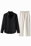 Damen Leinen-Set Langarm - Schwarz-Beige, leicht & atmungsaktiv