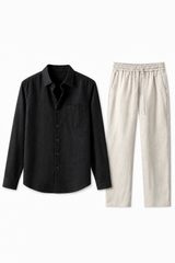 Damen Leinen-Set Langarm - Schwarz-Beige, leicht & atmungsaktiv