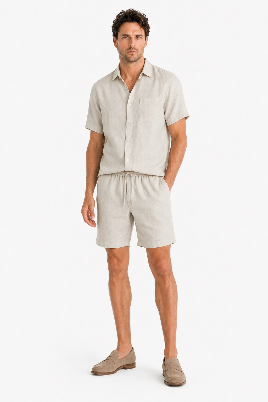 Leinen-Sommerset Beige Kurzarm - Atmungsaktiver Zweiteiler