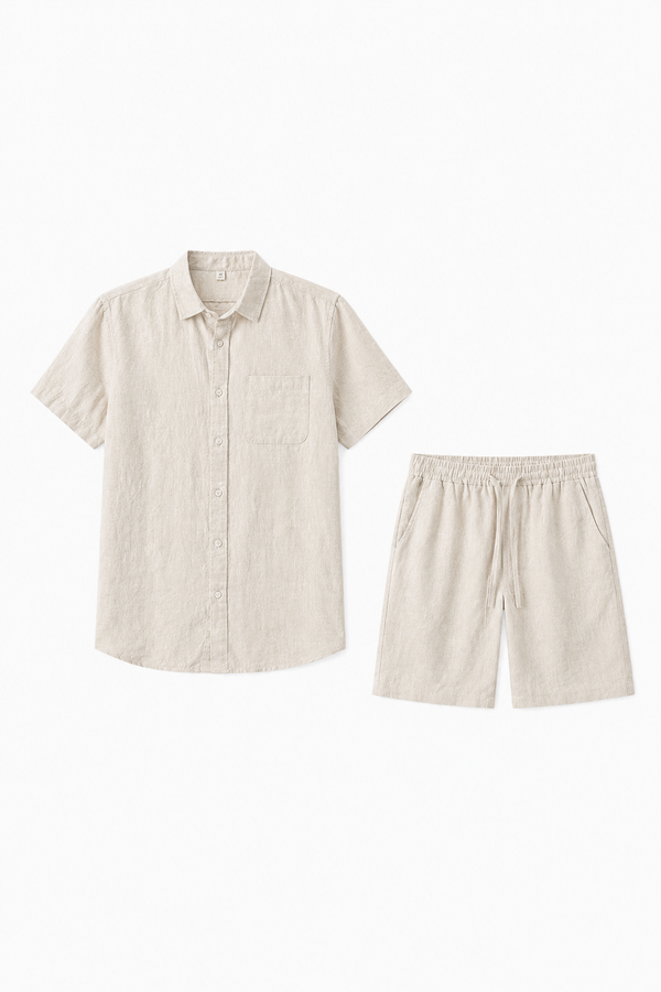 Leinen-Sommerset Beige Kurzarm - Atmungsaktiver Zweiteiler