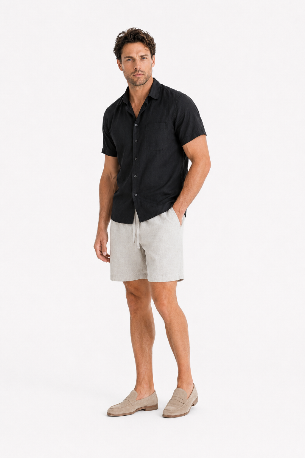 Leinen-Set Damen Kurzarm Schwarz-Beige - Luftig für den Sommer