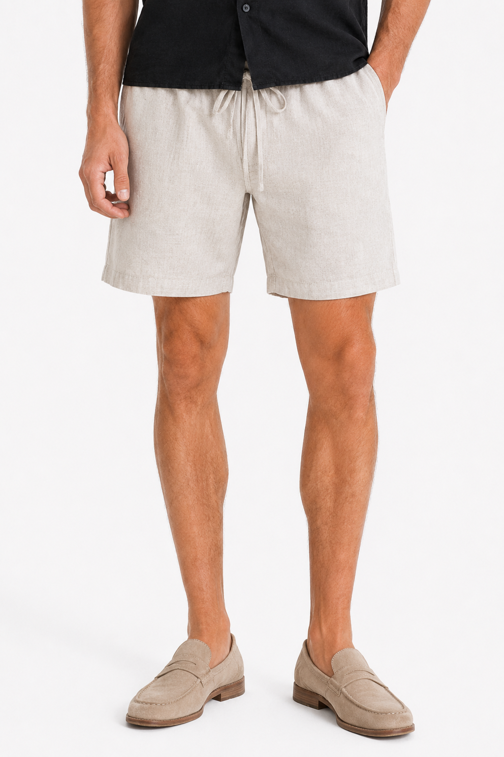 Leinen-Set Damen Kurzarm Schwarz-Beige - Luftig für den Sommer