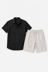 Leinen-Set Damen Kurzarm Schwarz-Beige - Luftig für den Sommer