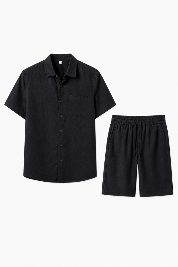 Damen Sommer Set Kurzarm Leinen Schwarz - Atmungsaktiv