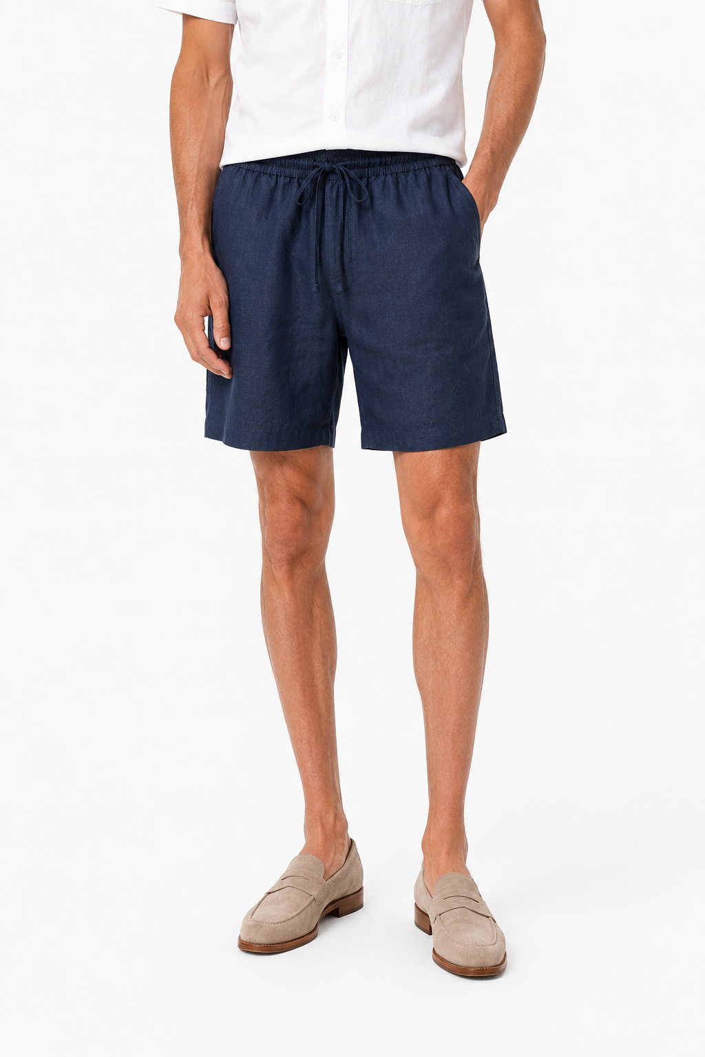 Damen Leinen-Set kurzärmlig - Sommer-Outfit Weiß-Navy